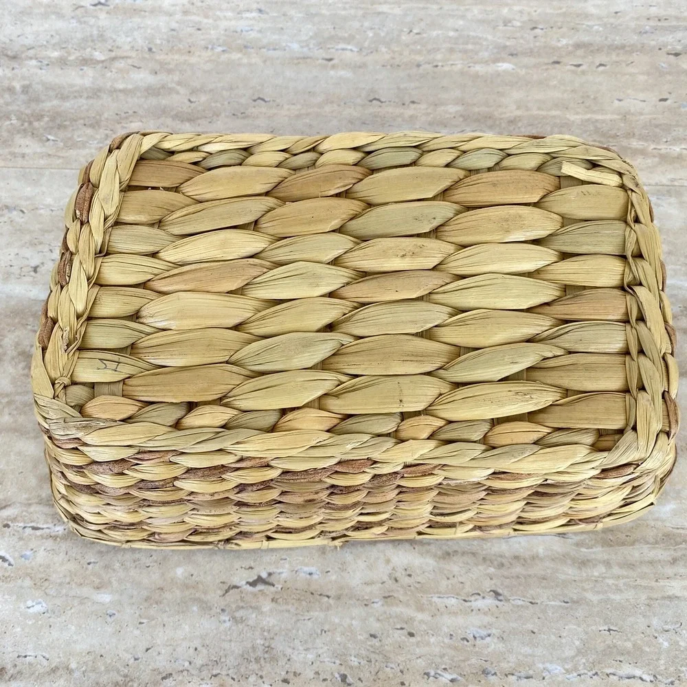 Anchor Hocking Fire King Loaf Pan Amber Glass 1 Qt w/ Wicker Basket Vintage MCM